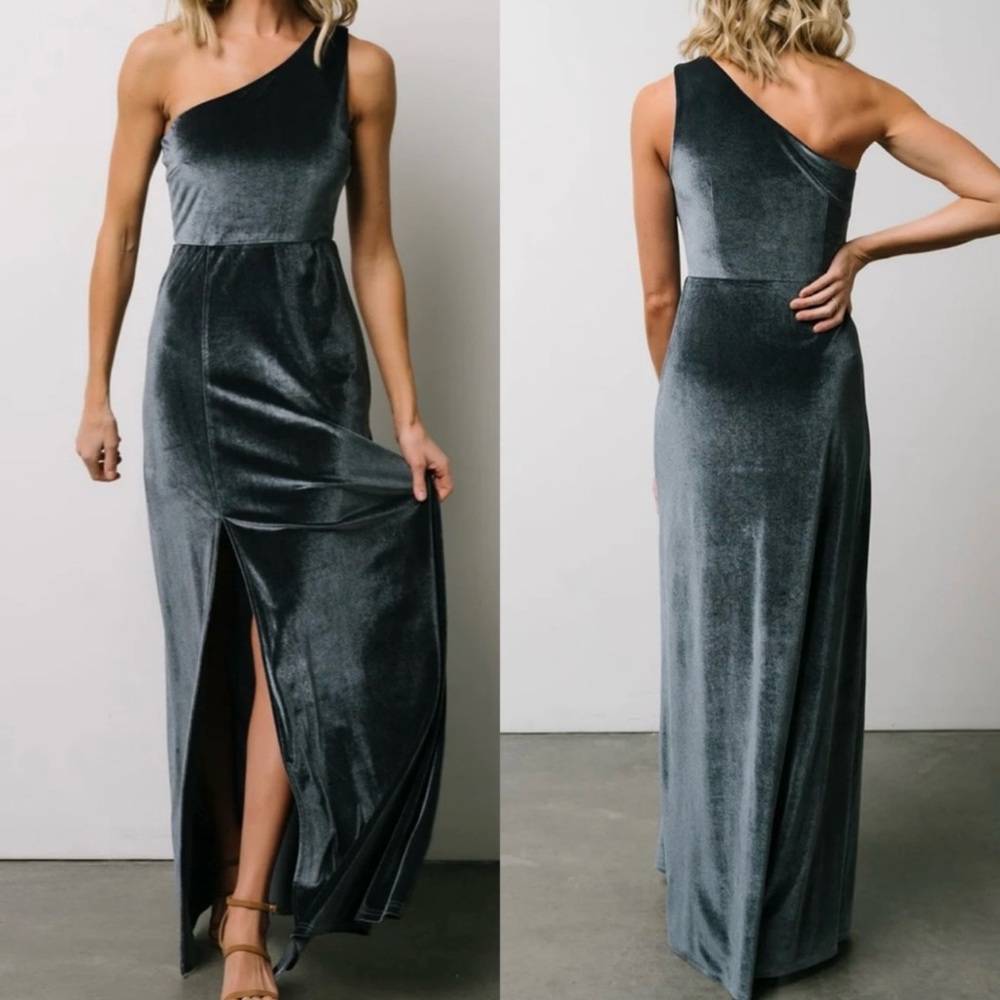 Baltic Born Tatiana Velvet Slate Blue One Shoulder Maxi Dress SIZE MEDIUM